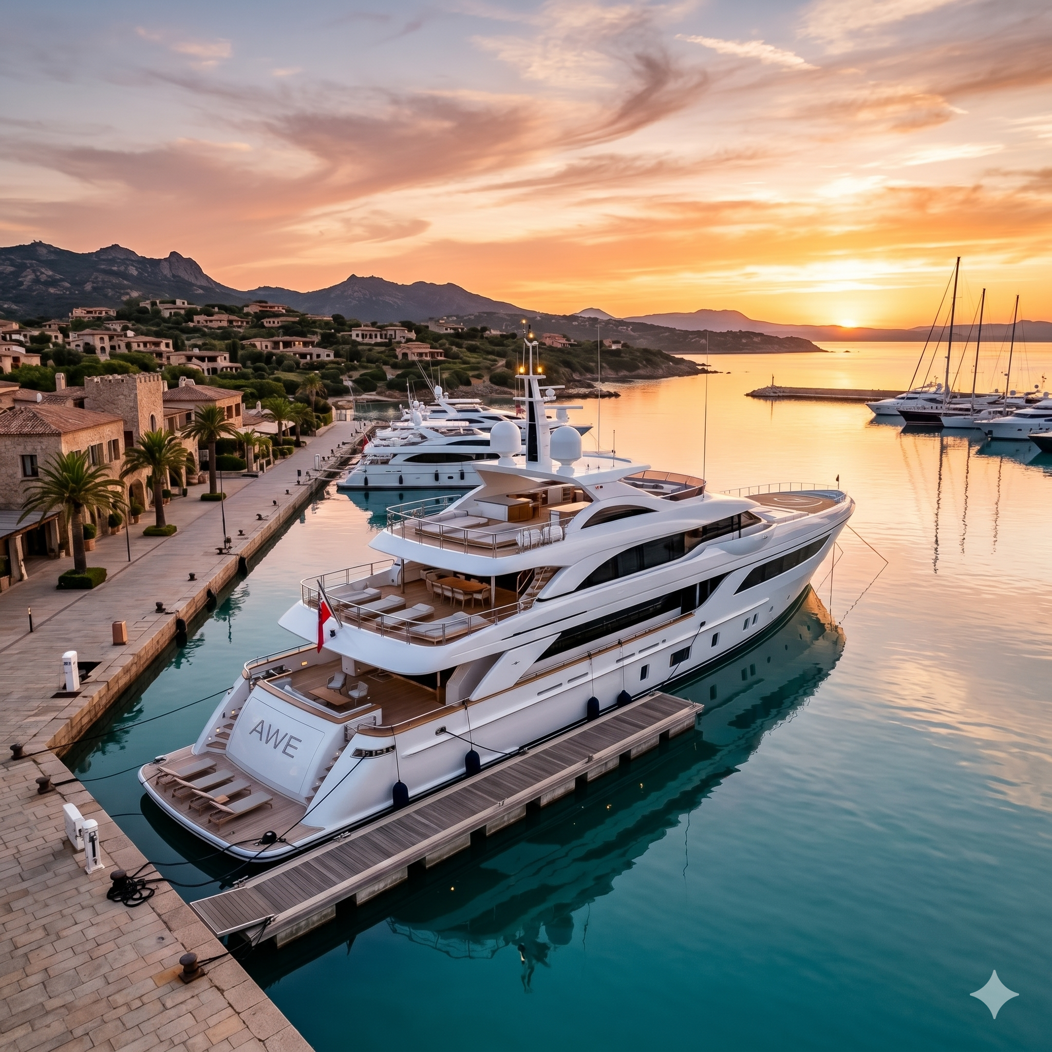Luxury superyacht at Mediterranean marina